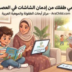 رسم توضيحي لأسرة تقضي وقتًا ممتعًا معًا كبديل صحي للشاشات، حيث تقرأ الأم كتابًا مع طفلها، ويقرأ الأب صحيفة، بينما يوجد هاتف موضوع على وضع الإغلاق أو المؤقت الزمني على الطاولة. يظهر في الخلفية أطفال يلعبون في الحديقة. تتضمن الصورة عنوان المقال: 'كيف تحمي طفلك من إدمان الشاشات في العصر الرقمي' واسم مدونة AraChild.