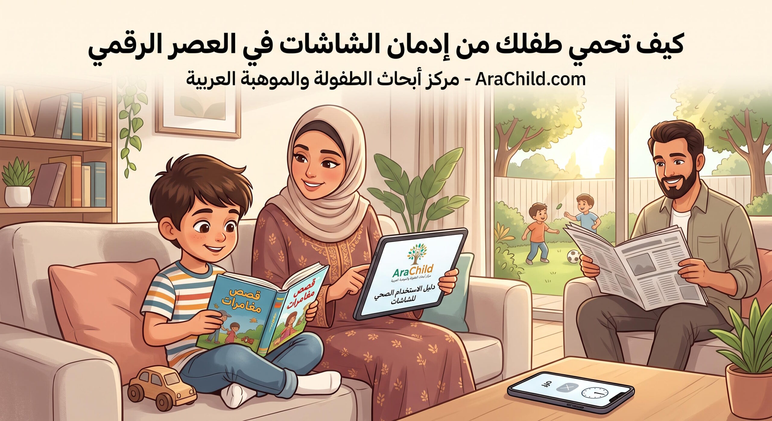 رسم توضيحي لأسرة تقضي وقتًا ممتعًا معًا كبديل صحي للشاشات، حيث تقرأ الأم كتابًا مع طفلها، ويقرأ الأب صحيفة، بينما يوجد هاتف موضوع على وضع الإغلاق أو المؤقت الزمني على الطاولة. يظهر في الخلفية أطفال يلعبون في الحديقة. تتضمن الصورة عنوان المقال: 'كيف تحمي طفلك من إدمان الشاشات في العصر الرقمي' واسم مدونة AraChild.