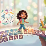 صورة تعبيرية توضح مهارات الوعي الكلامي والصوتي في مرحلة الطفولة المبكرة، حيث تعبر طفلة جسراً يربط بين الأصوات المنطوقة واللغة المكتوبة، مما يبرز أهمية هذه المهارة لتأسيس القراءة.